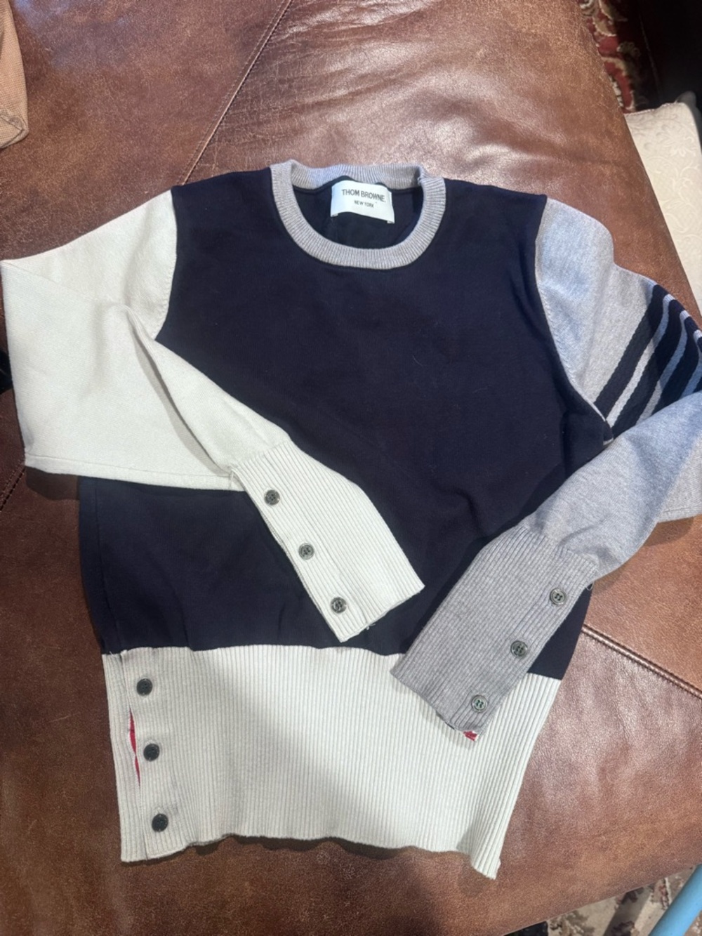 Thom Browne Milano Colorblock Crewneck Sweater - Navy, Gray & Cream